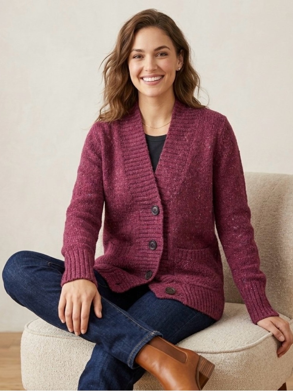 Eddie Bauer Women's Knitted Open Front Wool Blend Cardigan, Burgundy Red, SZ XS
